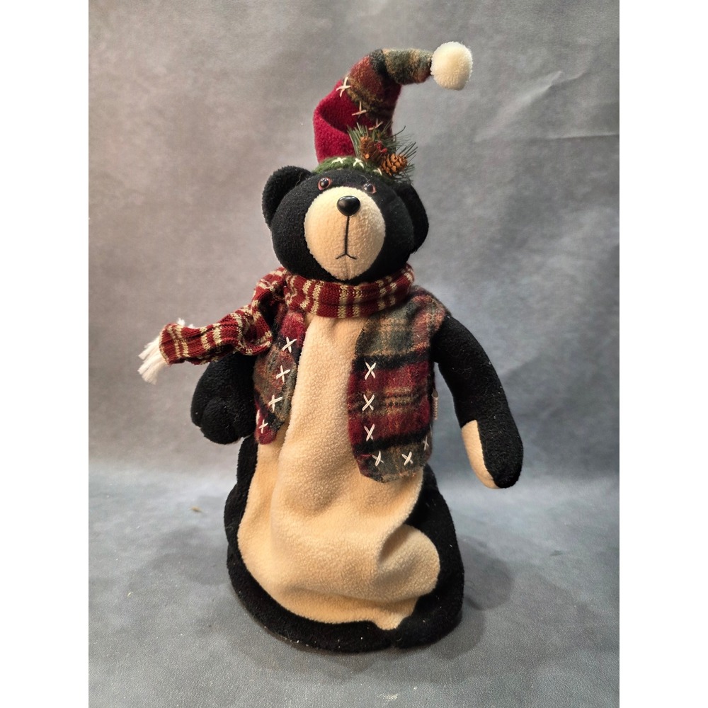 Spring Loaded Rocking Black Bear Christmas Holiday Decor Plaid Scarf Hat 15"